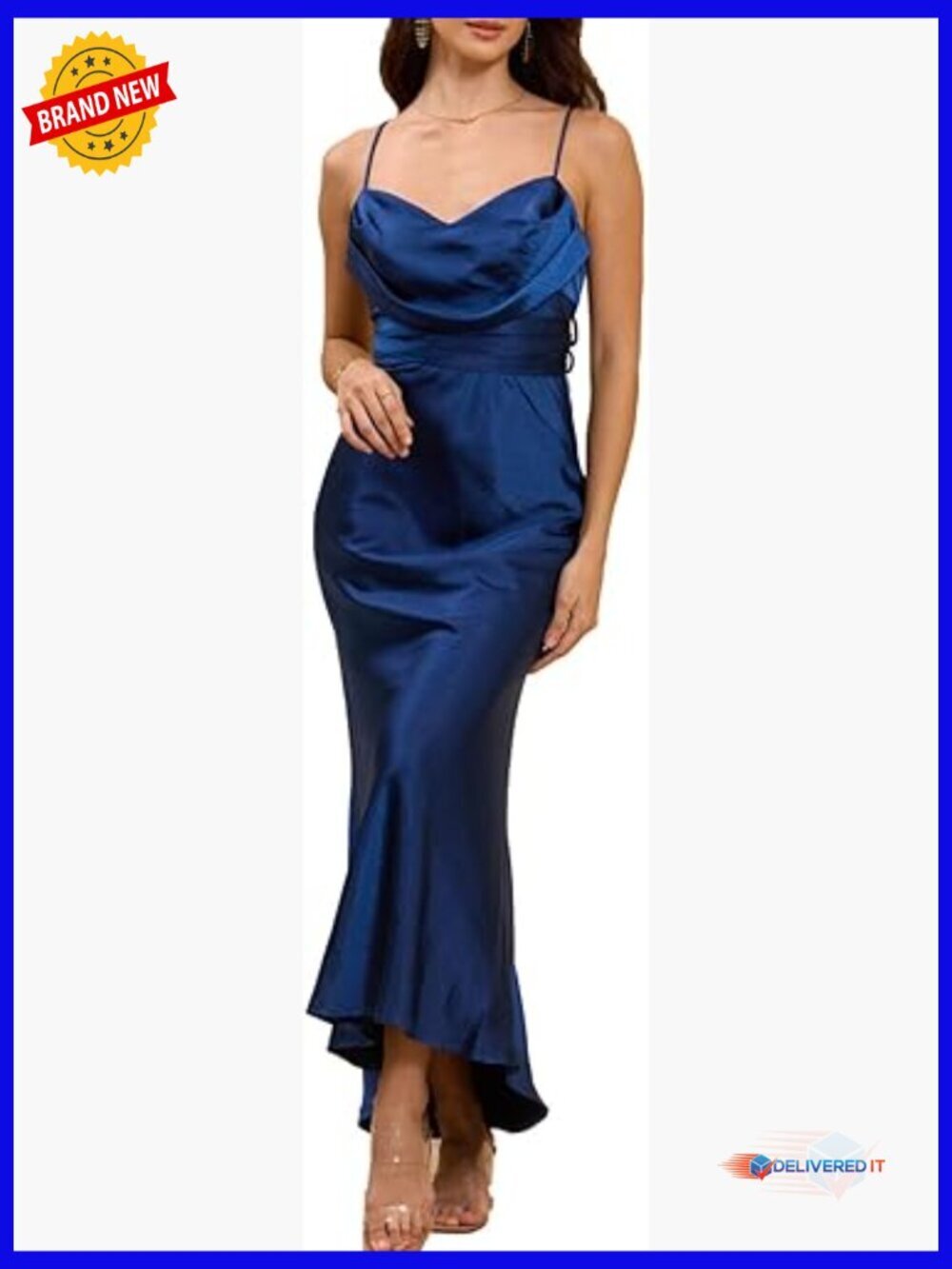 Satin Cowl Neck Backless Midi Dress Spaghetti Strap Ruched Wedding Guest
